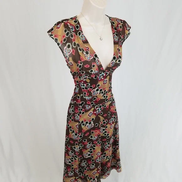 Jigsaw dress silk floral brown tan 8 - Picture 4 of 7